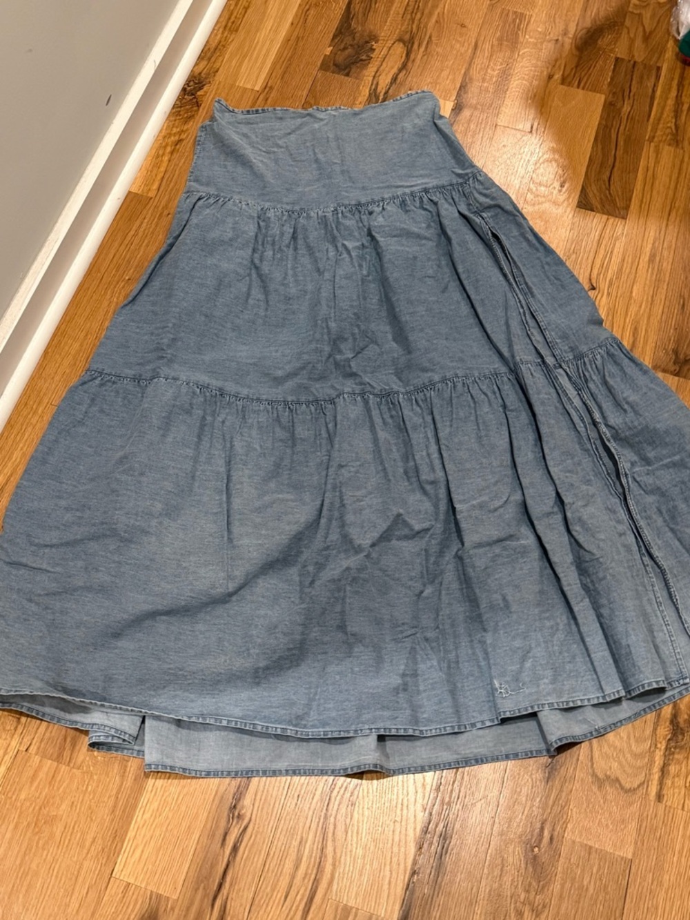 Windsor Denim-Effect Tiered Maxi Skirt - Blue with Slit